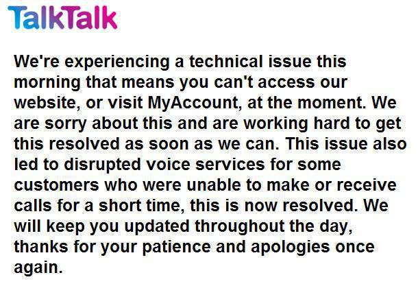 TalkTalk's website message