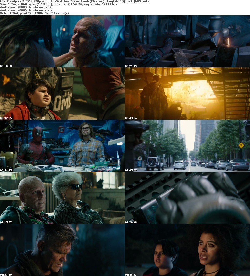 Deadpool 2 (2018) 720p WEB-DL x264 Dual Audio Hindi (Cleaned) - English 2.0 ESub MW